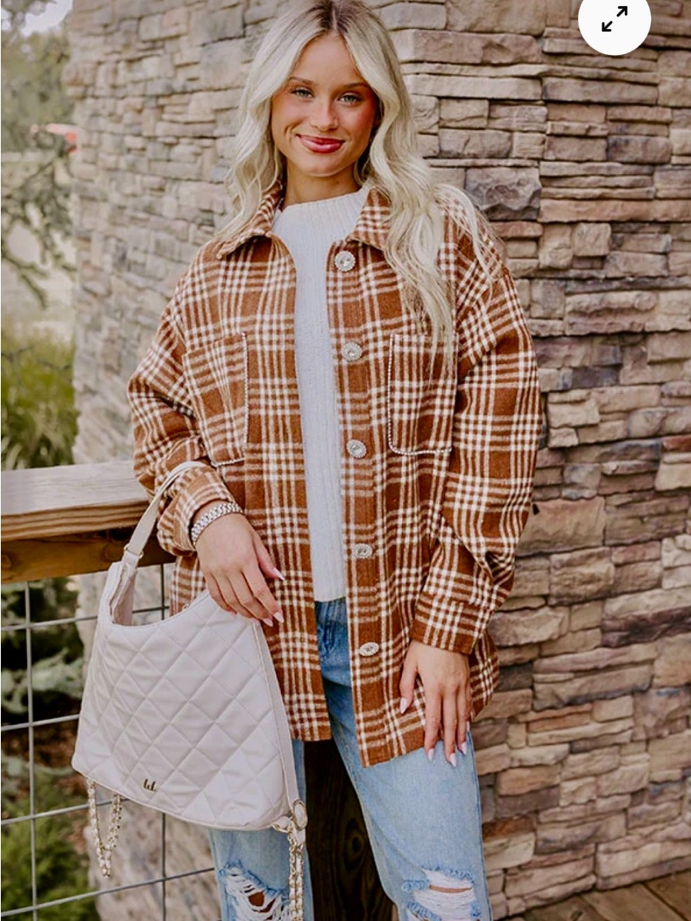 Start The Bonfire Rhinestone Embellished Plaid Shacket/Jacket In Chocolate